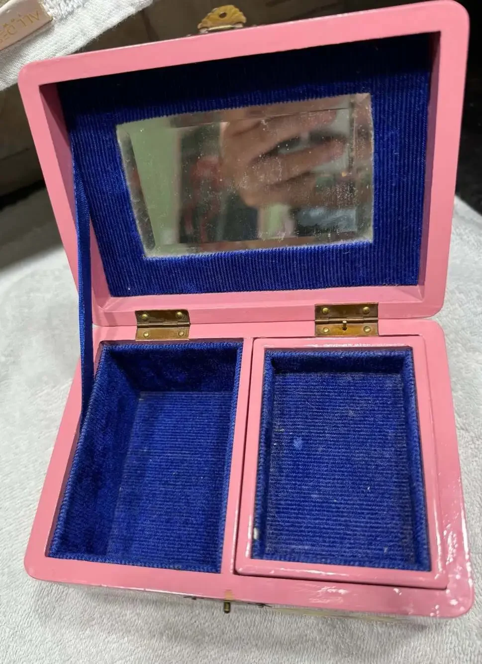 Vintage Pink Floral Wooden Jewelry Music Box with Mirror